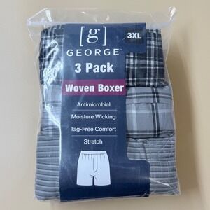 George Mens 3 Pack Woven Boxers 3XL Gray Plaid Striped Antimicrobial Underwear